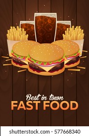 Lunch with french fries, burger and soda takeaway. Fast food poster. Vector Illustration