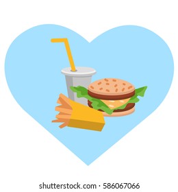 Lunch french fries, burger and soda. Flat design. Vector illustration of fast food