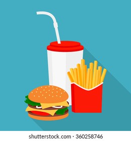 Lunch with French fries, hamburger and soda pick on isolated background. Fast food. The flat shape. Vector Illustration