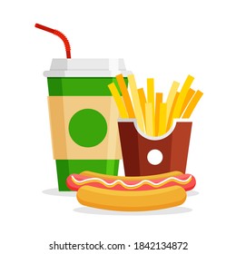 Lunch with french fries, hot dog and soda in trendy flat style. Take away fastfood. Restaurant junk food menu. Vector Illustration.