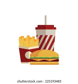 Lunch with french fries, hot dog and soda takeaway on isolated background. Fast food. Flat design. Vector Illustration