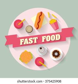 Lunch with french fries, hot dog and soda takeaway on isolated background. Fast food. Flat design. Vector Illustration