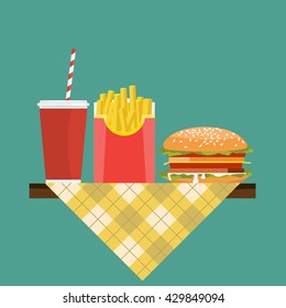 Lunch with french fries, hot dog and soda takeaway on isolated background. Fast food concept Flat color style design. Vector Illustration