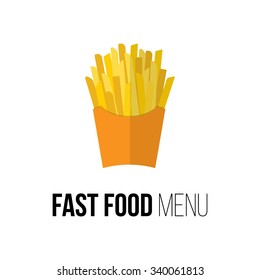 Lunch french fries isolated on white. Flat design. Logo for fast food restaurant. Vector poster of unhealthy junk food