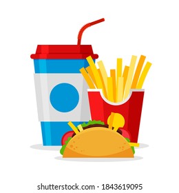 Lunch with french fries, tacos and soda in trendy flat style. Take away fastfood. Restaurant junk food menu. Vector Illustration.