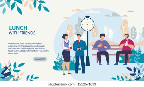 Lunch with Friends. People Talking, Eating Fast Food and Drinking Coffee during Work Break. Public City Park Landscape. Friendship and Informal Meeting. Motivate Webpage Banner. Vector Illustration