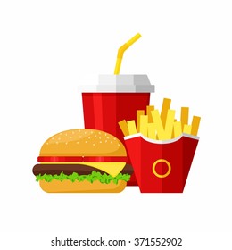 Lunch with Hamburger, French Fries and Soda isolated on white background. Group of Fast Food products. Flat design. Vector Illustration