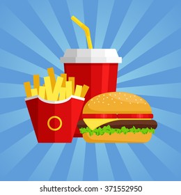 Lunch with Hamburger, French Fries and Soda on blue background. Group of fast food products. Flat design. Vector Illustration