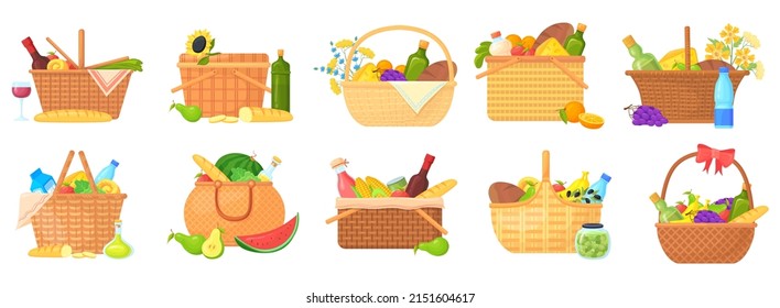 Lunch hamper. Picnic party basket with food wine, wicker box, breakfast on floor blanket outdoor, mand bag tasty gift, snack straw baskets sandwich, cartoon vector of picnic lunch hamper illustration