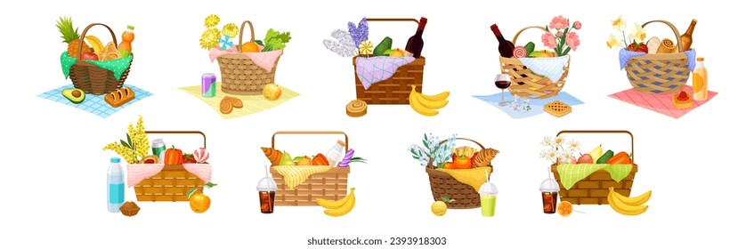 Hamper para el almuerzo o cesta de mimbre picnic con juego de vectores de comida