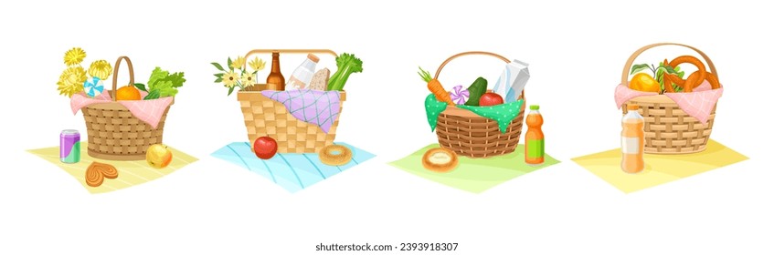 Lunch-Hamper oder Picnic-Wicker-Korb mit Food-Vektorset