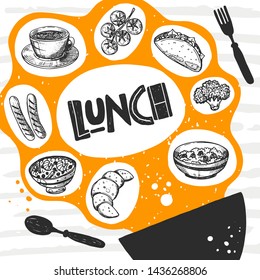 Lunch. Hand drawn lettering card. Quote sketch typography. Vector inscription slogan. Menu, restaurant, cafe, bar. Poster, banner, placard.