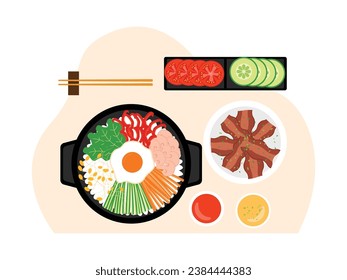 Mittagessen mit reichhaltiger Speisekarte, Reis mit gebratenem Ei, gegrilltes Fleisch, verschiedene Gemüsearten, Draufsicht auf dem Schreibtisch, Vektorgrafik.