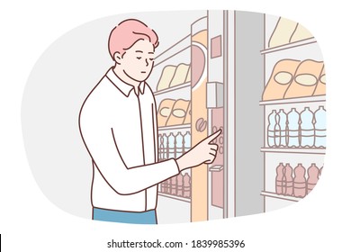 Lunch, hunger, selection, technology, business concept. Hungry businessman manager customer purchaser buying crisps drinks at electronic vending machine. NFC service pay technologies illustration.