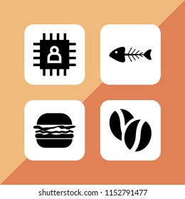 lunch icon. 4 lunch set with fish, burger, chip and cafe vector icons for web and mobile app