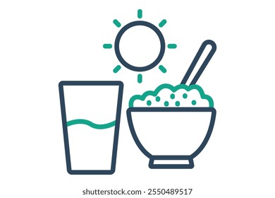 Lunch icon. line icon style. rice bowl with glass and sun. icon related to meal. meal elements vector illustration