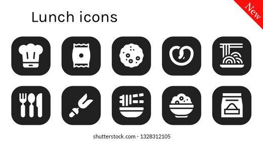 lunch icon set. 10 filled lunch icons.  Simple modern icons about  - Chef, Snack, Bread, Pretzel, Spaghetti, Cutlery, Fork, Noodle, Rice, Food
