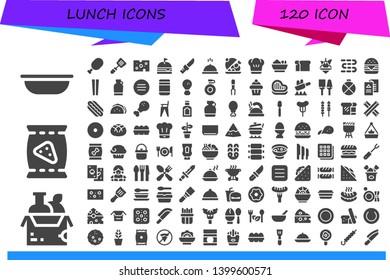 lunch icon set. 120 filled lunch icons.  Simple modern icons about  - Bowl, Food, Chips, Meat, Spatula, Cheese, Burger, Knife, Meal, Salver, Chef, Salad, Bread, Pot, Sausages