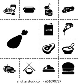 Lunch icon. set of 13 filled lunchicons such as beef, dish, porridge, wrap sandwich, pizza, sandwich and apple, pasta and wine glass, meat leg, burger and drink, menu, hot dog
