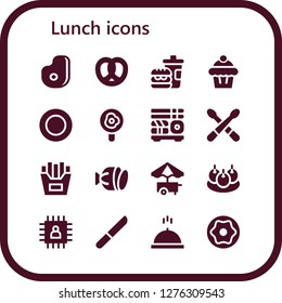  lunch icon set. 16 filled lunch icons. Simple modern icons about  - Meat, Pretzel, Fast food, Muffin, Plate, Fried egg, Sushi, Drumsticks, French fries, Salami, Food cart, Bitterballen