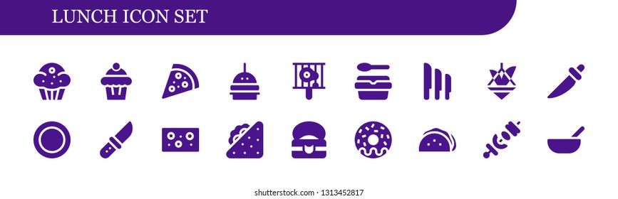 lunch icon set. 18 filled lunch icons.  Collection Of - Muffin, Pizza, Burger, Bbq, Lunchbox, Knives, Pot, Knife, Dish, Cheese, Sandwich, Food, Donut, Taco, Skewer, Baby food