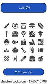 lunch icon set. 25 filled lunch icons.  Simple modern icons such as: Knife, No fast food, Baby food, Ribs, Hotdog, Fork, Burger, Fried egg, Salver, Sausage, Muffin, Meat, Menu