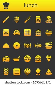 lunch icon set. 26 filled lunch icons.  Simple modern icons such as: Meat, Chef, Pot, Knife, Food, Waitress, Dumpling, Waffle, Salad, Dinner, Donut, Fork, Fish bone, Noodle, Cheese