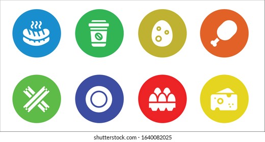 lunch icon set. 8 filled lunch icons. Included Sausage, Churros, Take away, Plate, Egg, Eggs, Meat, Cheese icons