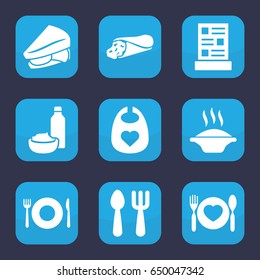 Lunch icon. set of 9 filled lunch icons such as plate fork and spoon, baby bid, fork and spoon, wrap sandwich, sandwich, menu