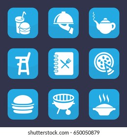 Lunch icon. set of 9 filled lunch icons such as baby chair, teapot, burger, burger and drink, bbq, pizza, menu, dish serving