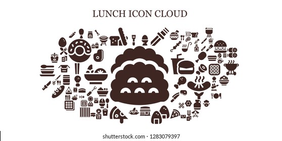  lunch icon set. 93 filled lunch icons. Simple modern icons about  - Tacos, Spatula, Fried chicken, Bread, Egg, Knife, Restaurant, Onigiri, Rice, Pizza, Fries, Food, Chopsticks