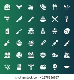 lunch icon set. Collection of 36 filled lunch icons included Bowl, Sausage, Bread, Chocolate bar, Pizza, Waffle, Meat, Hot pot, Food, Stroopwafel, Rice, Knife, Skewer, Brochette