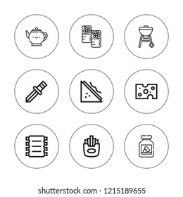 Lunch icon set. collection of 9 outline lunch icons with barbecue, cheese, fries, knife, peanut butter, ribs, sandwich, teapot icons. editable icons.