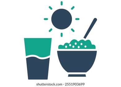 Lunch icon. solid icon style. rice bowl with glass and sun. icon related to meal. meal elements vector illustration