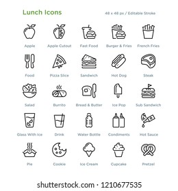 Lunch Icons - Outline styled icons, designed to 48 x 48 pixel grid. Editable stroke.