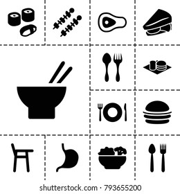 Lunch icons. set of 13 editable filled lunch icons such as plate fork and spoon, baby chair, burger, asian food, sandwich, soda and burger, stomach, food, kebab, sushi