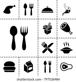 Lunch icons. set of 13 editable filled lunch icons such as beef, spoon and fork, soup, burger, noodles fast food, meat leg, fork and knife, take away food