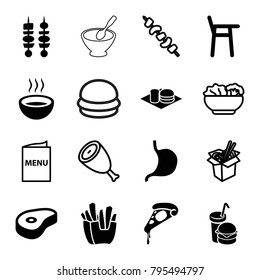 Lunch icons. set of 16 editable filled and outline lunch icons such as baby chair, pizza, french fries, soda and burger, burger and drink, soup, beef, stomach, kebab