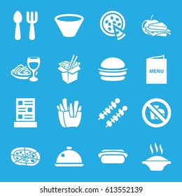 Lunch icons set. set of 16 lunch filled icons such as fork and spoon, burger, french fries, noodles fast food, pizza, sandwich and apple, pasta and wine glass, dish, menu