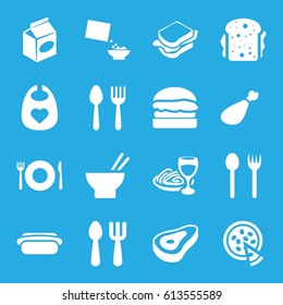 Lunch icons set. set of 16 lunch filled icons such as beef, spoon and fork, plate fork and spoon, baby bid, fork and spoon, asian food, meat leg, take away food, cereal, pizza