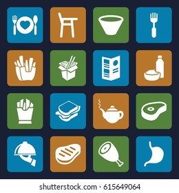 Lunch icons set. set of 16 lunch filled icons such as beef, teapot, french fries, noodles fast food, sandwich, drink and food, fork, stomach, plate with spoon and fork, menu