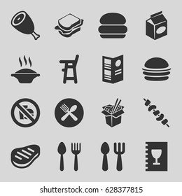 Lunch icons set. set of 16 lunch filled icons such as beef, spoon and fork, baby chair, fork and spoon, burger, noodles fast food, sandwich, kebab, take away food, menu