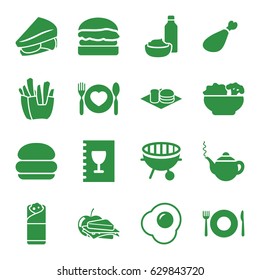 Lunch icons set. set of 16 lunch filled icons such as plate fork and spoon, teapot, french fries, sandwich, burrito, soda and burger, meat leg, bbq, menu, food, burger
