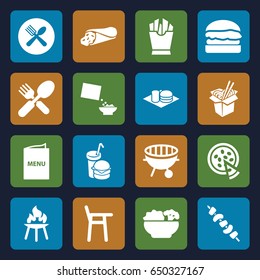 Lunch icons set. set of 16 lunch filled icons such as wrap sandwich, french fries, noodles fast food, soda and burger, kebab, burger and drink, cereal, bbq, pizza, menu, food