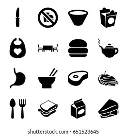 Lunch icons set. set of 16 lunch filled icons such as spoon and fork, baby bid, teapot, asian food, sandwich, take away food, sandwich and apple, knife, beef, stomach