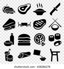 Lunch icons set. set of 16 lunch filled icons such as beef, wrap sandwich, sandwich, drink and food, sandwich and apple, burger and drink, cereal, pizza, restaurant table