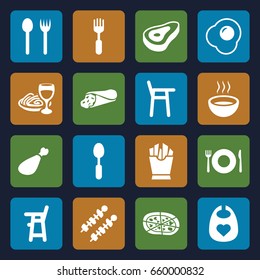 Lunch icons set. set of 16 lunch filled icons such as beef, plate fork and spoon, baby chair, baby bid, wrap sandwich, french fries, pizza, pasta and wine glass, meat leg