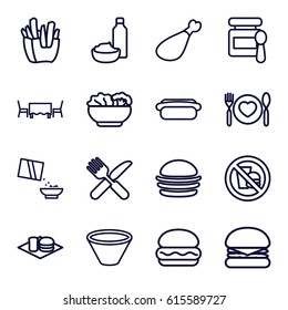 Lunch icons set. set of 16 lunch outline icons such as baby food, burger, french fries, soda and burger, drink and food, meat leg, cereal, restaurant table, hot dog
