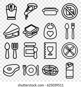 Lunch icons set. set of 16 lunch outline icons such as plate fork and spoon, baby food, baby bid, fork and spoon, pizza, french fries, sandwich, burrito, beef, menu, hot dog