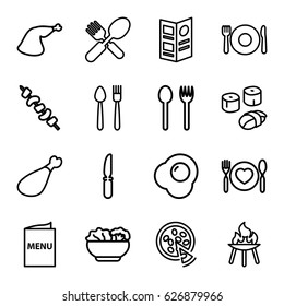 Lunch icons set. set of 16 lunch outline icons such as plate fork and spoon, meat leg, kebab, fork and spoon, knife, pizza, menu, food, bbq, sushi
